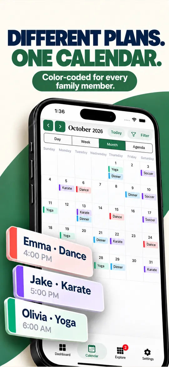 KarlCal month calendar, color-coded for each family member