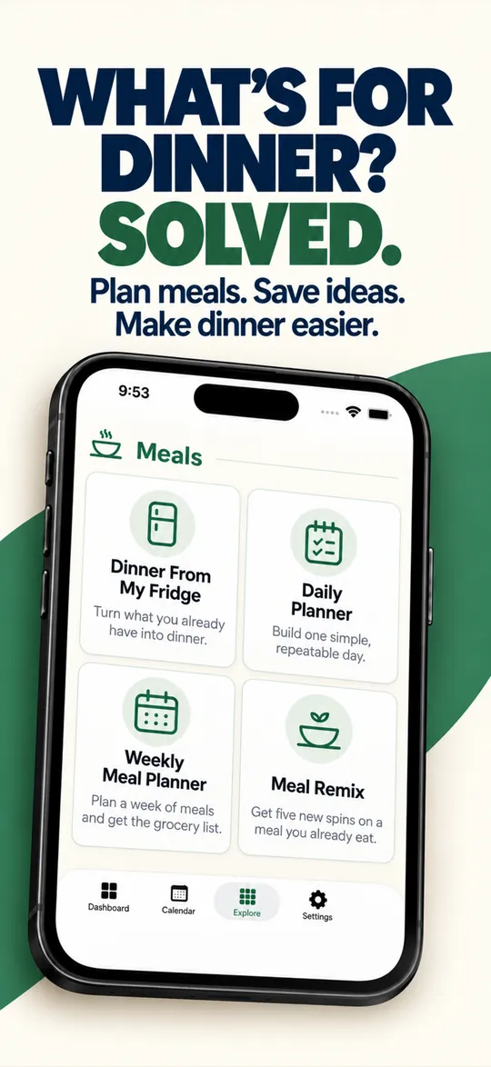 KarlCal meals screen with Dinner From My Fridge, Daily Planner, Weekly Meal Planner and Meal Remix