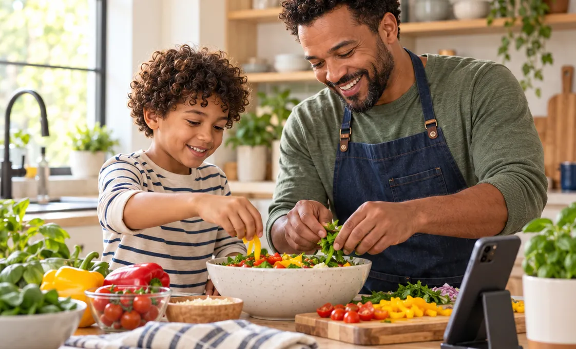 A dad and son making dinner together