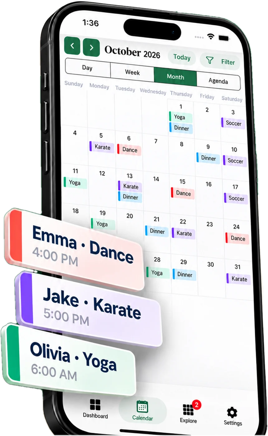 KarlCal shared family calendar, color-coded for every family member