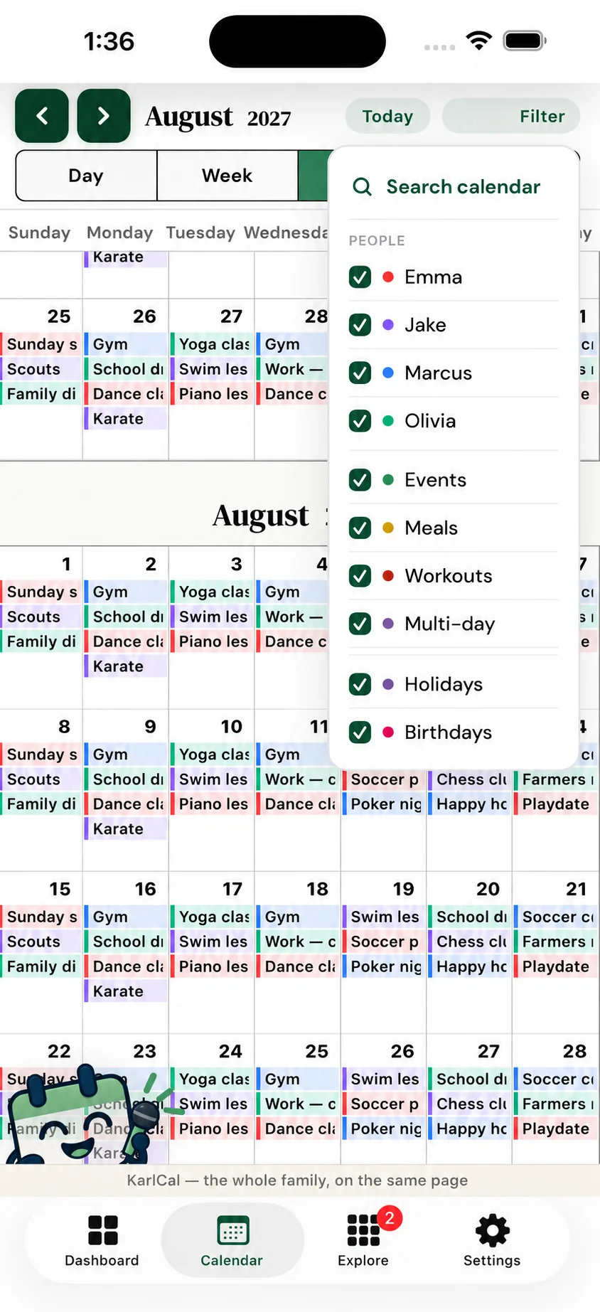 KarlCal family calendar filtered by person and category